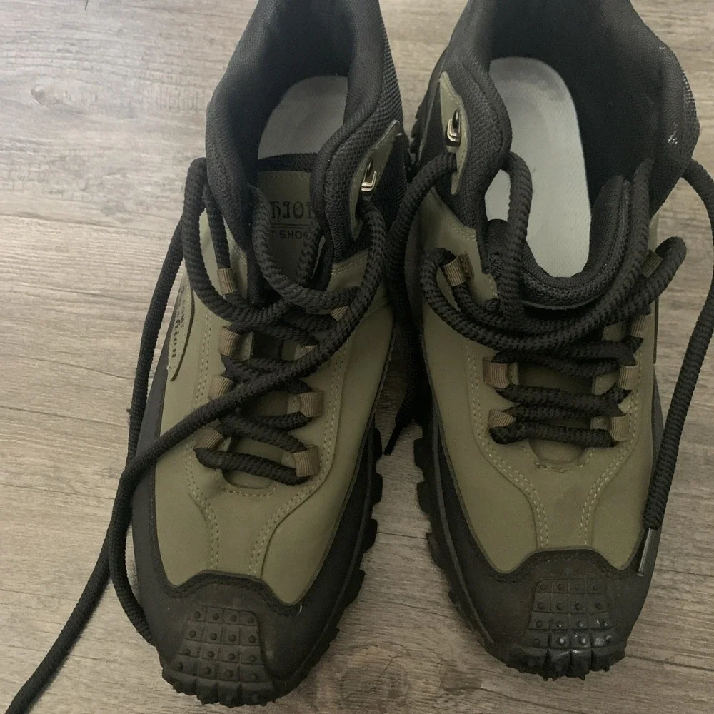 Fashion Men's Green/Black Lace-Up Hiking Trail Shoes Lug Sole Ankle Collar 11.5